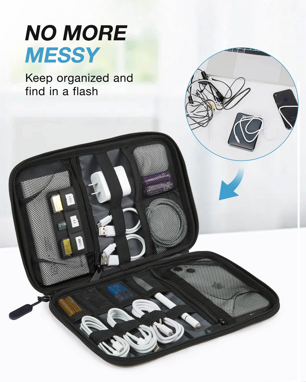 BAGSMART grey organizer open compartment showing SD cards and cables storage