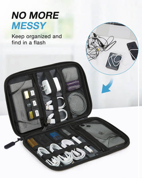 BAGSMART grey organizer open compartment showing SD cards and cables storage