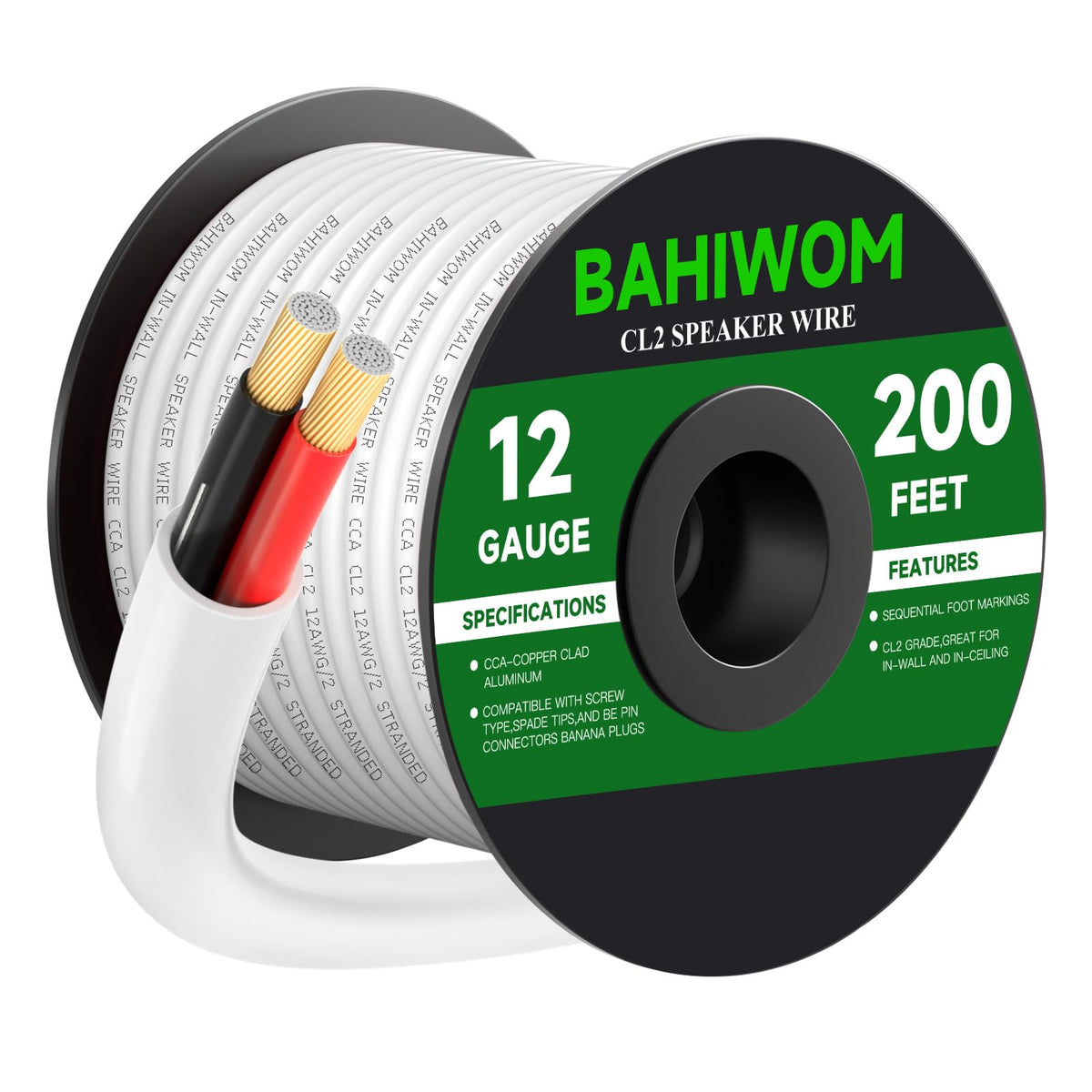 BAHIWOM 12-gauge CCA speaker wire for 200 ft runs.