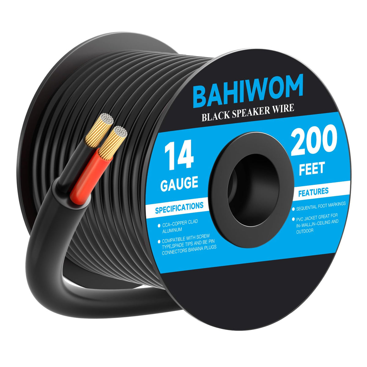 BAHIWOM front packaging showing 200ft 14AWG cable and brand benefit durability