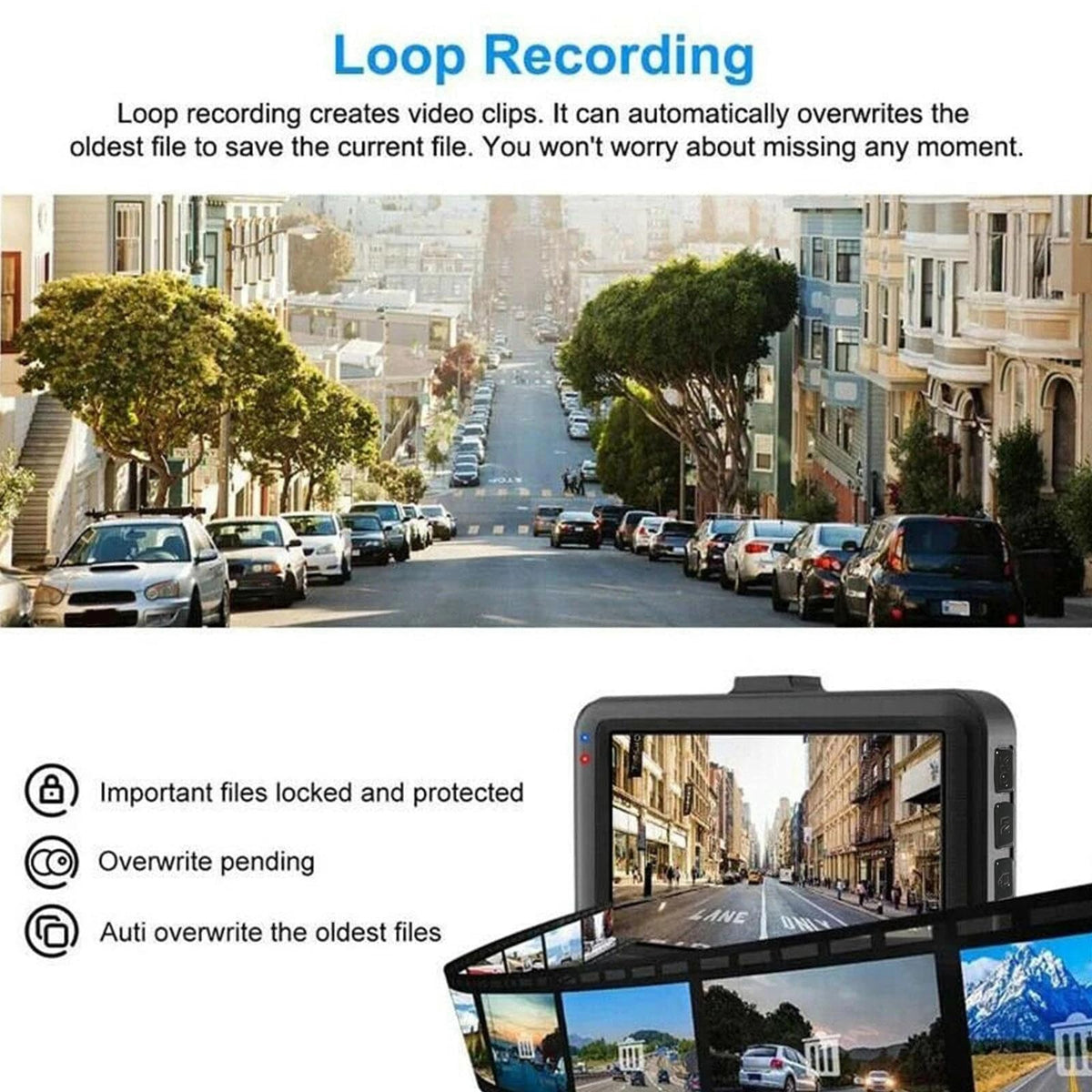 Baideluo dash cam records on loop with G-sensor protection for secure footage
