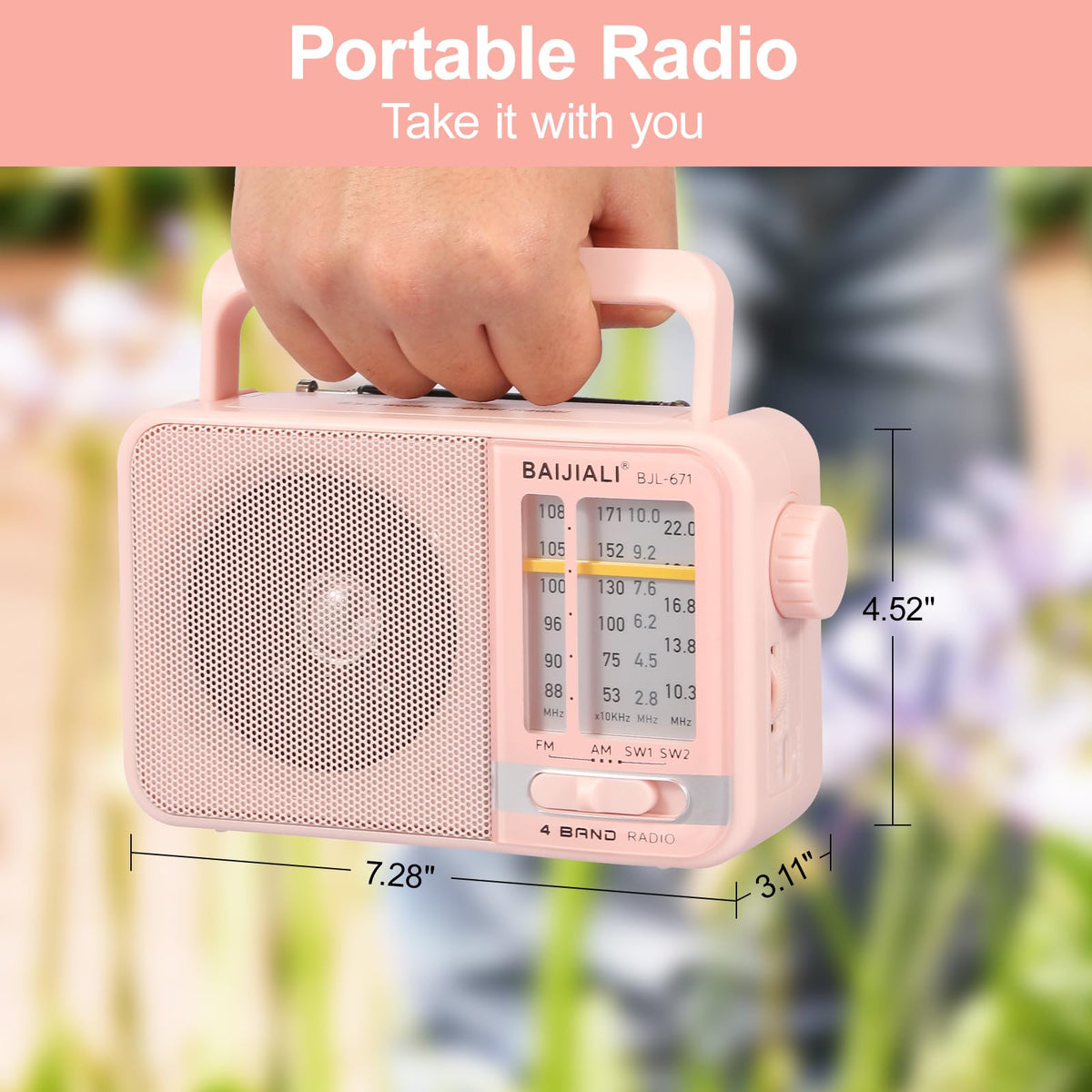 BAIJIALI BJL-671 pink radio with extended antenna for stronger reception.