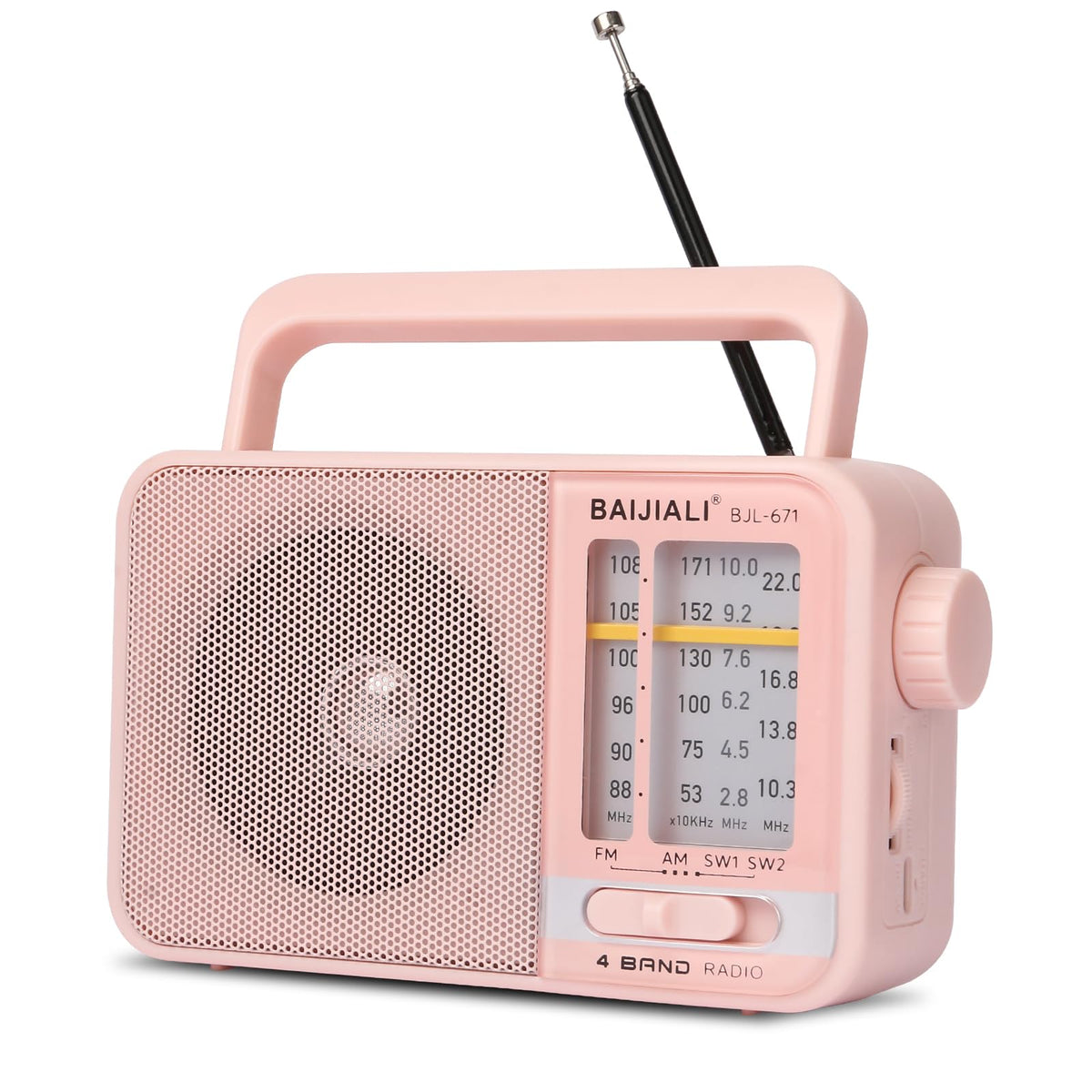BAIJIALI BJL-671 pink portable radio, front view showing compact design for travel.