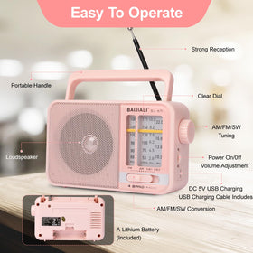 BAIJIALI BJL-671 pink radio delivering clear 5W sound for everyday listening.