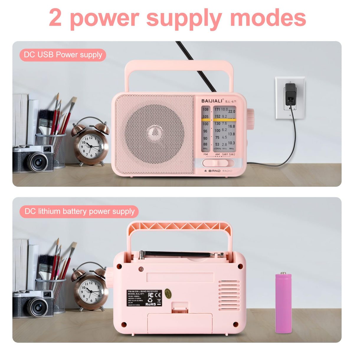 BAIJIALI BJL-671 pink radio powered by USB charging for indoor use.