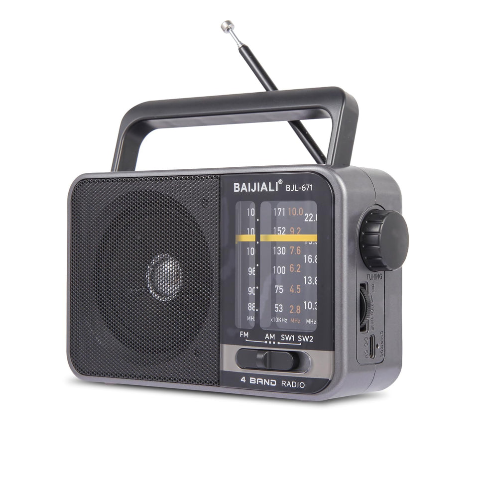 BAIJIALI BJL-671 portable radio front view for easy tuning and daily listening.