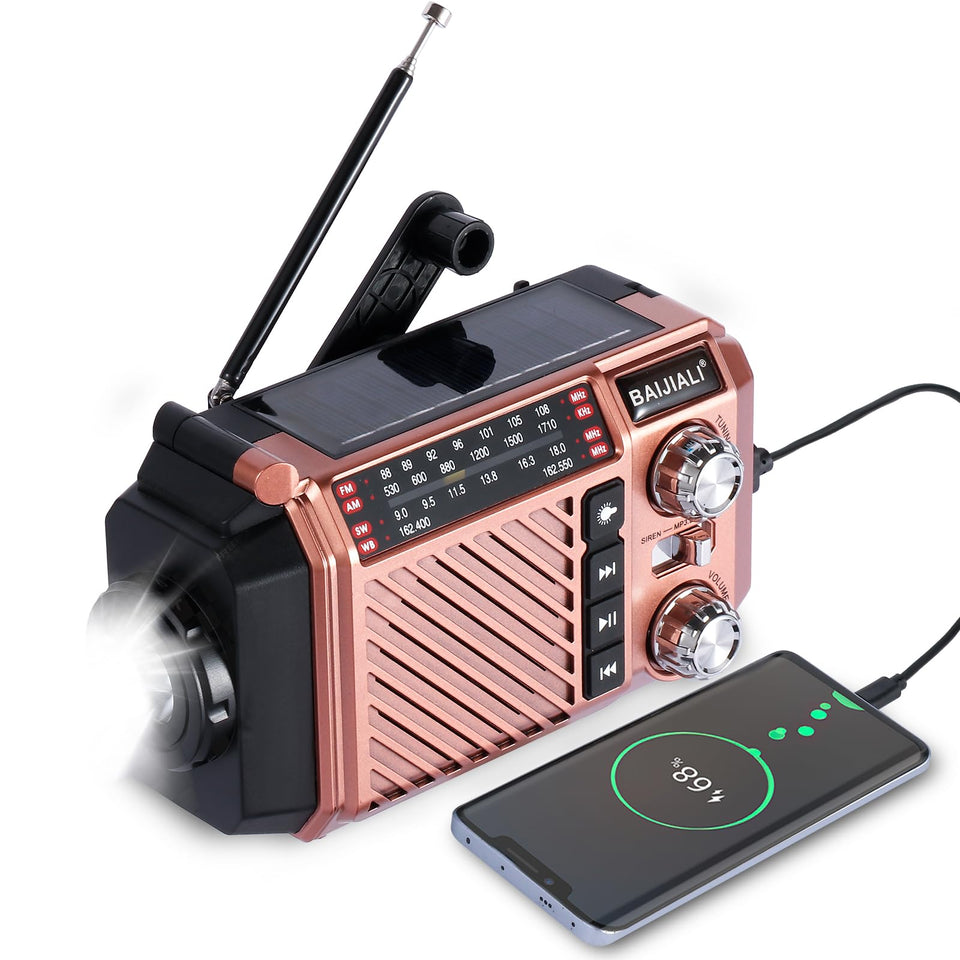 BAIJIALI hand crank emergency radio in brown for outage power and portability