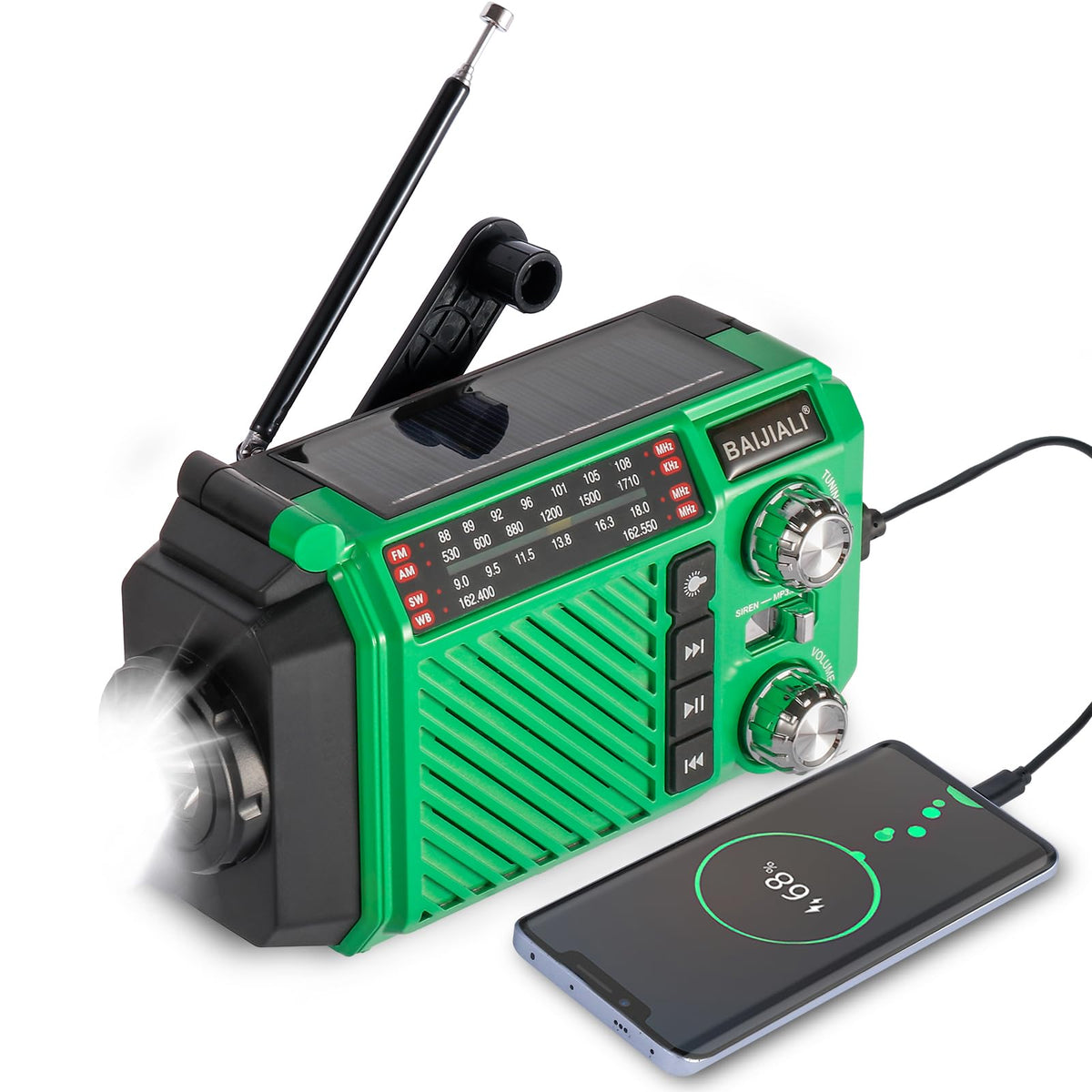 Baijiali hand-crank emergency radio front view showing controls and compact build