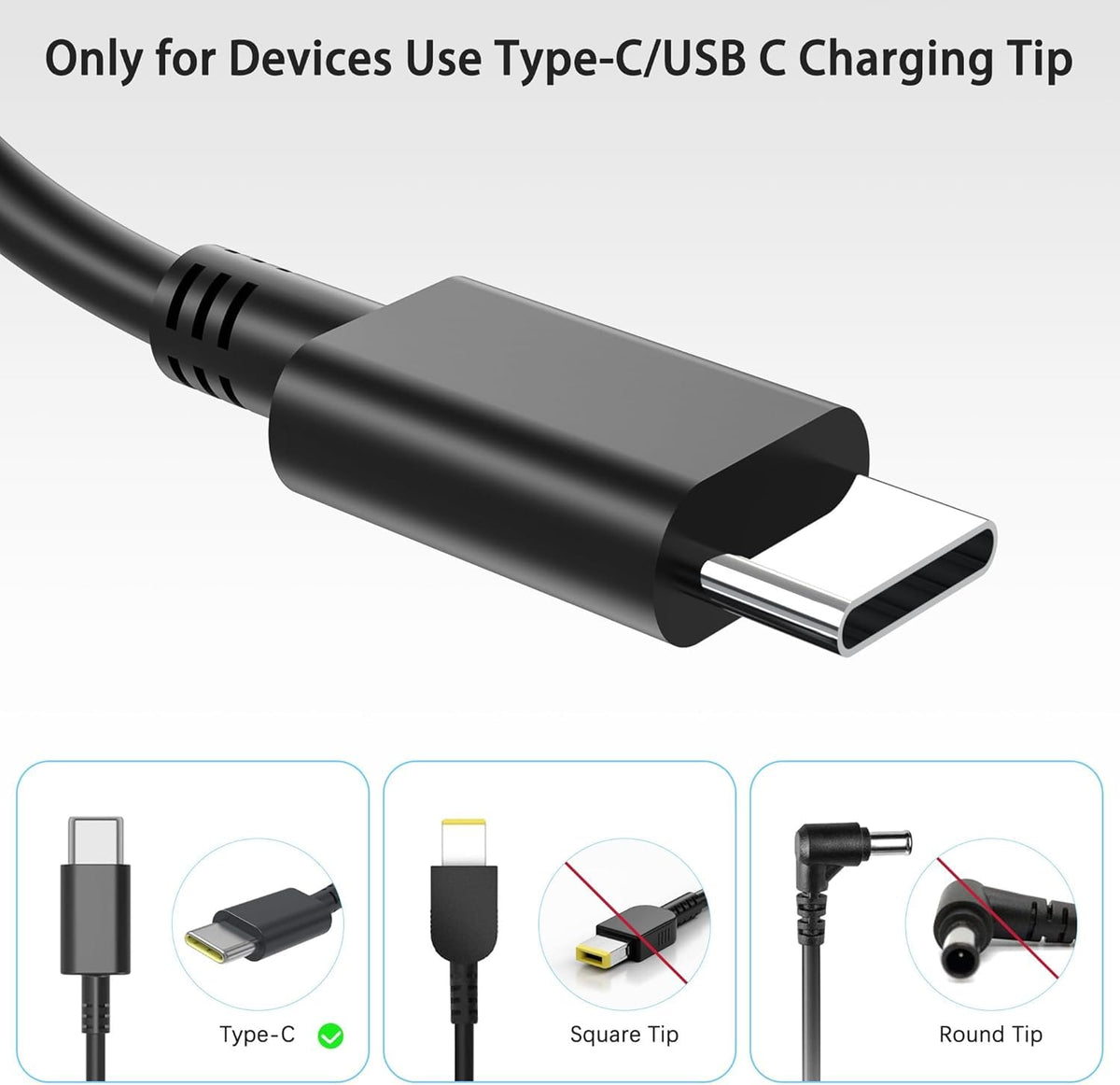 BAJ 65W charger with long power cord laid out to display cable length benefit