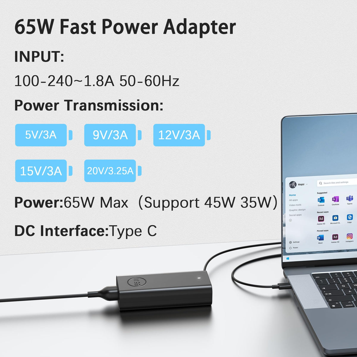BAJ 65W charger label and specs closeup showing voltage and safety info