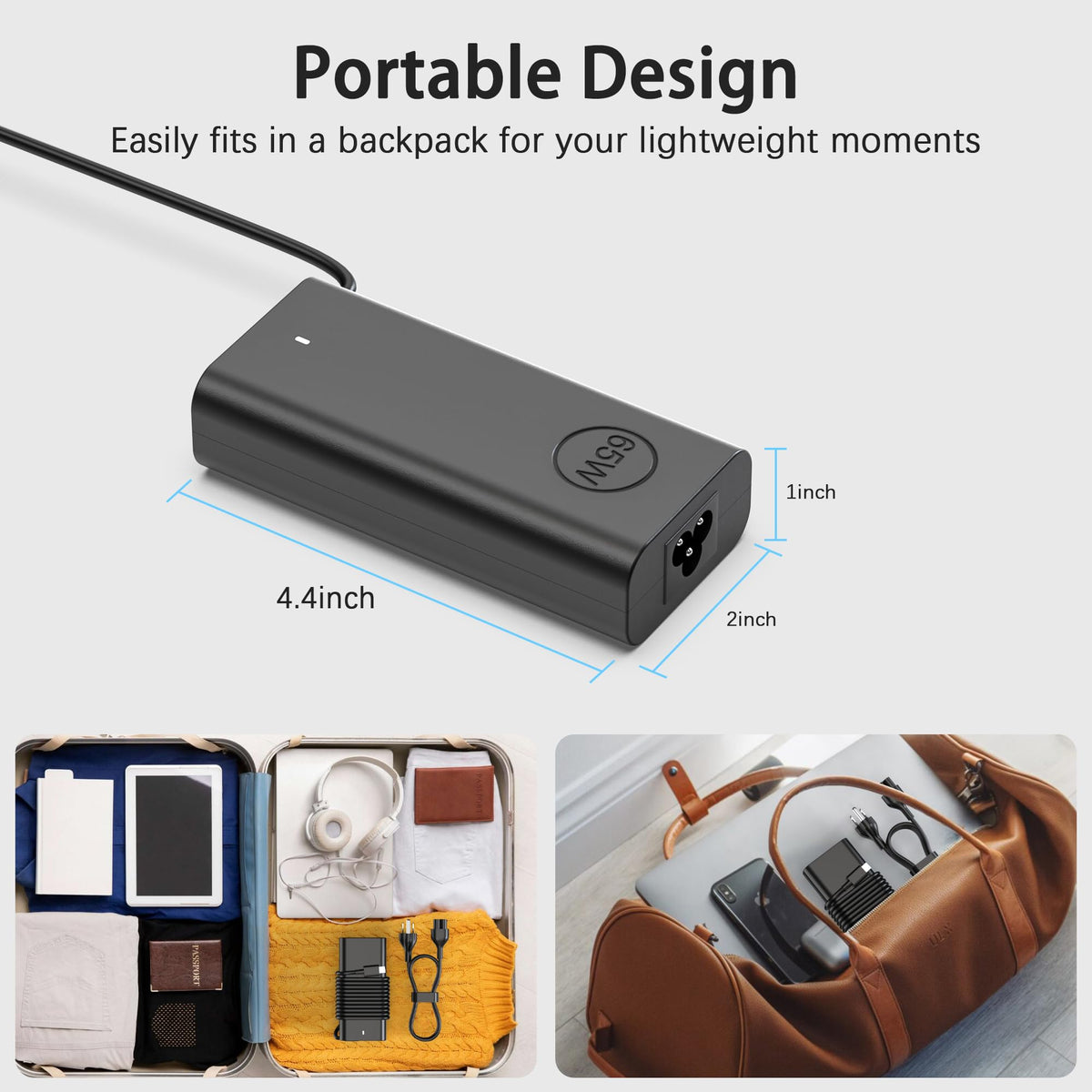BAJ 65W charger in travel bag beside laptop showing portability advantage
