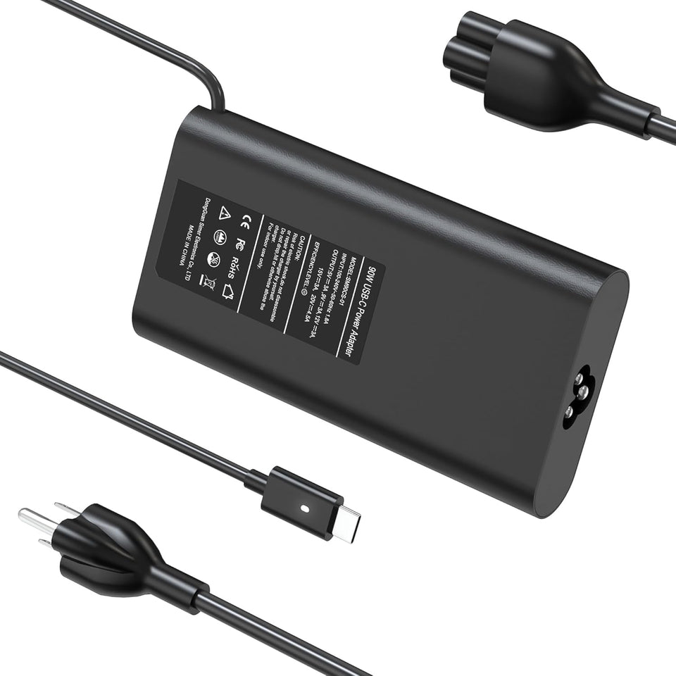 BAJ 90W USB-C charger front view, compact power for Dell XPS laptops on the go.