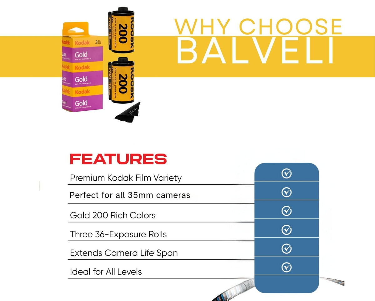 Balveli Kodak Gold 200 label detail showing film specs benefit for confident shooting