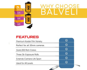 Balveli Kodak Gold 200 label detail showing film specs benefit for confident shooting
