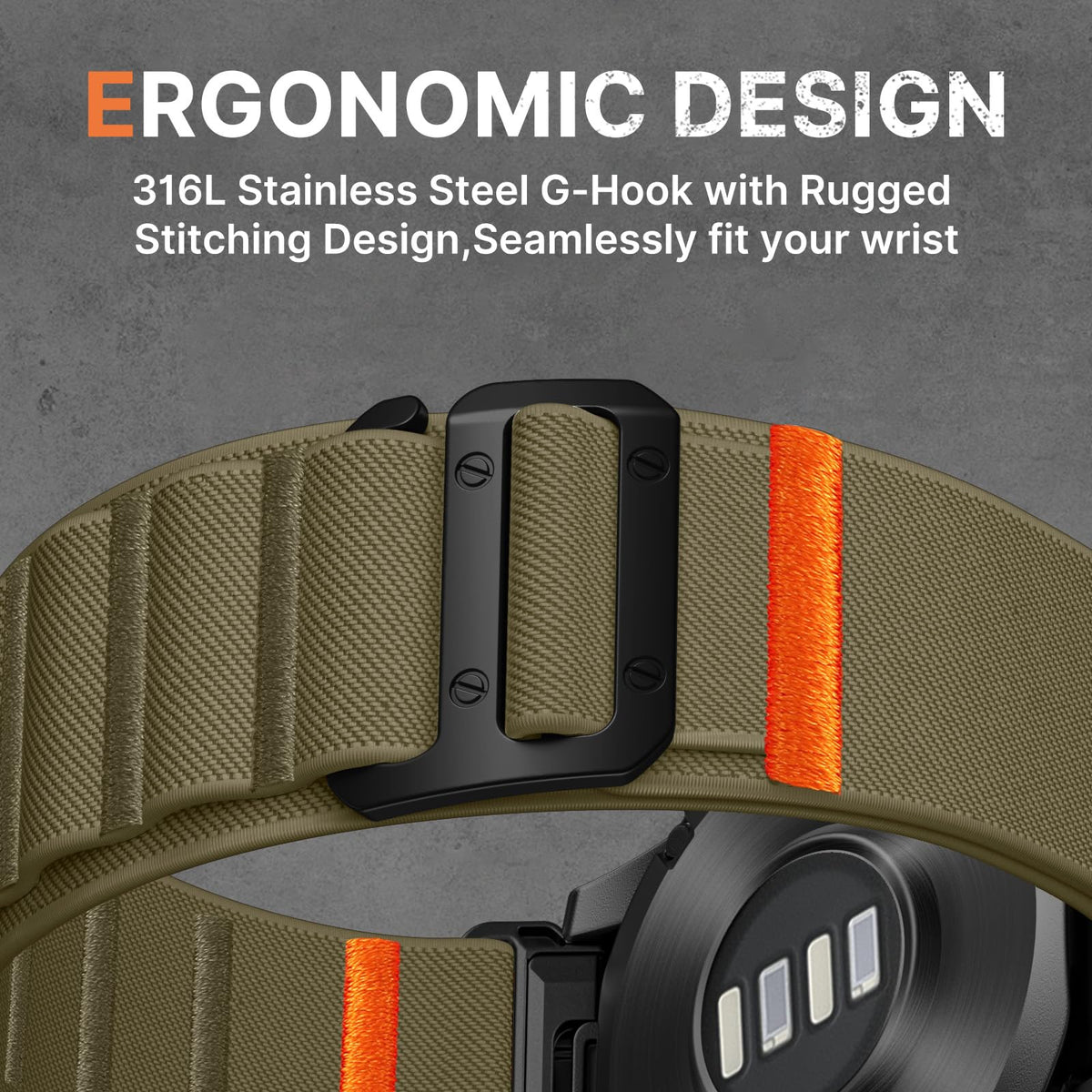 Bandletic orange contrast stitching detail, stylish visible reinforcement benefit