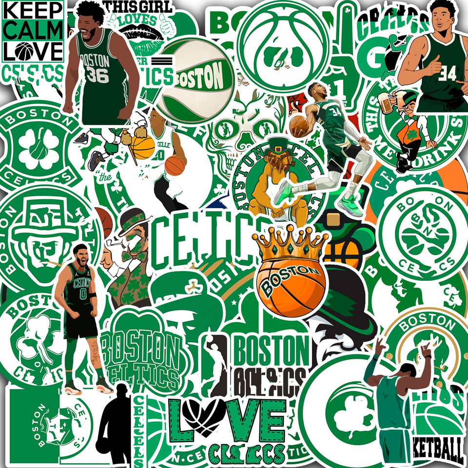 BandWorks Celtics sticker pack cover with bold hoops artwork for laptops and water bottles.