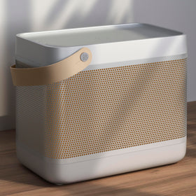 Bang & Olufsen Beolit 20 Grey Mist leather carry handle detail for easy transport.