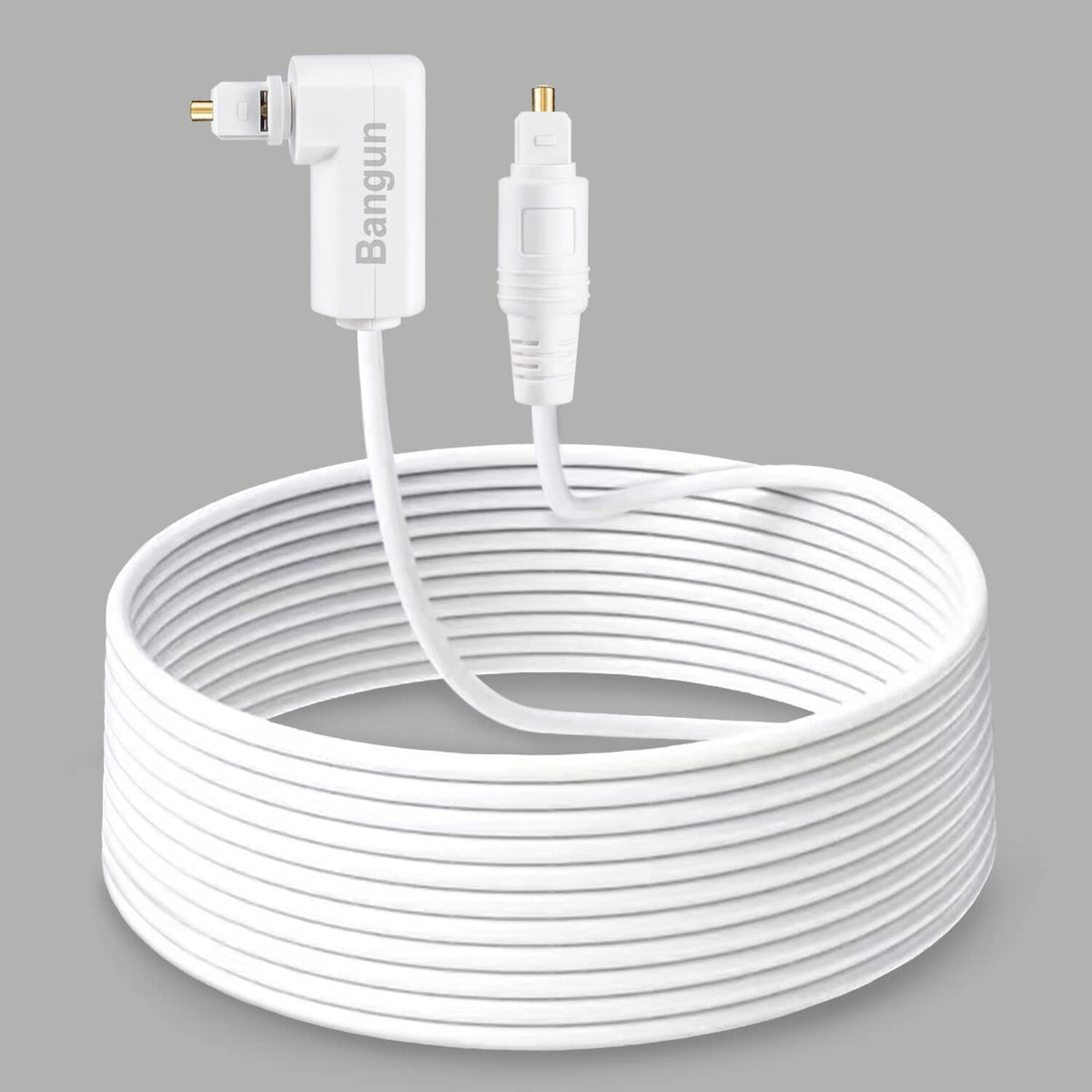 Bangun 100 ft white optical cable with right-angle connector for tight TV-to-soundbar installs.