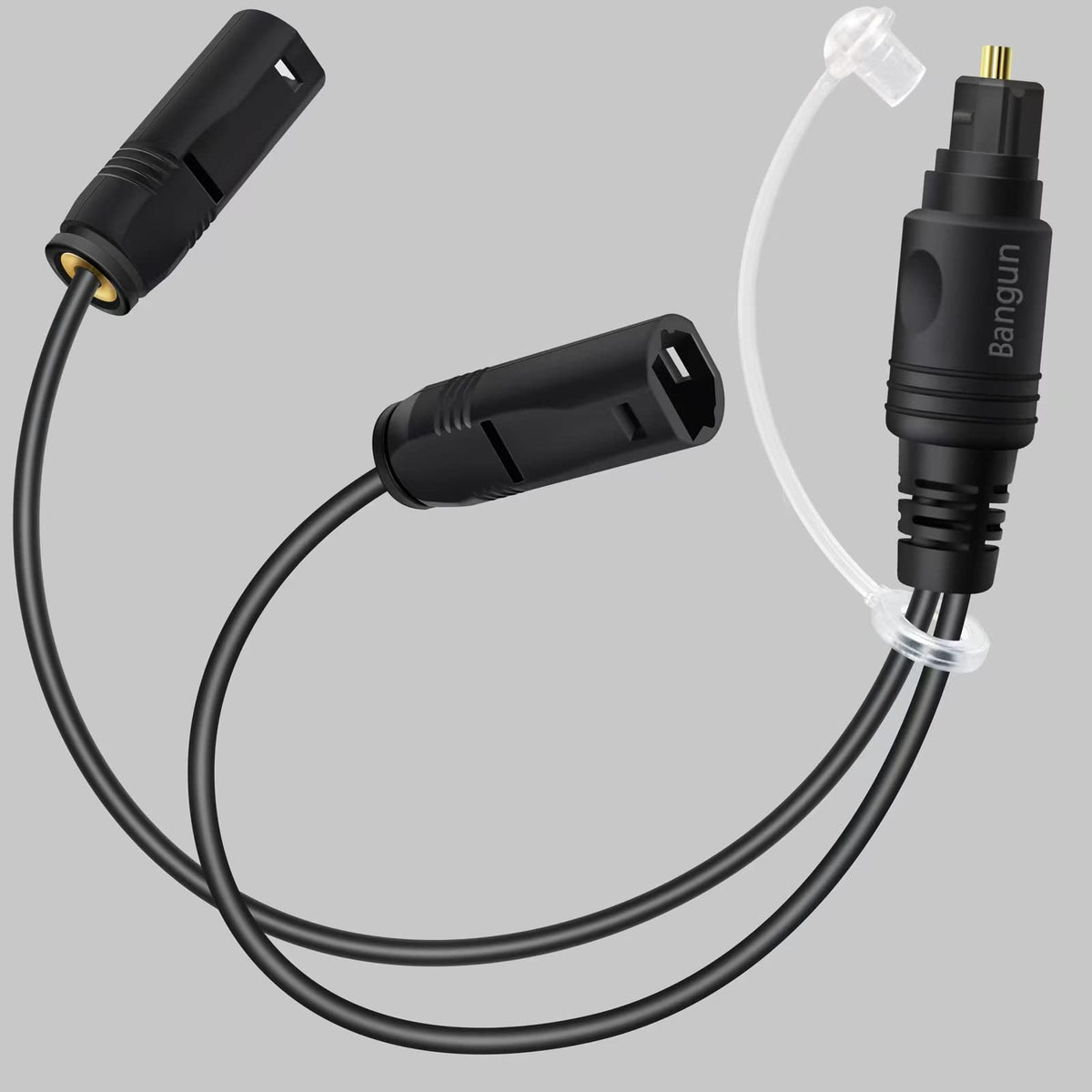 Bangun 1x2 digital audio splitter front view enables simultaneous TV audio to soundbar and headset.