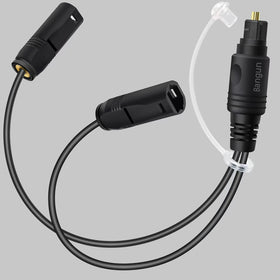 Bangun 1x2 digital audio splitter front view enables simultaneous TV audio to soundbar and headset.