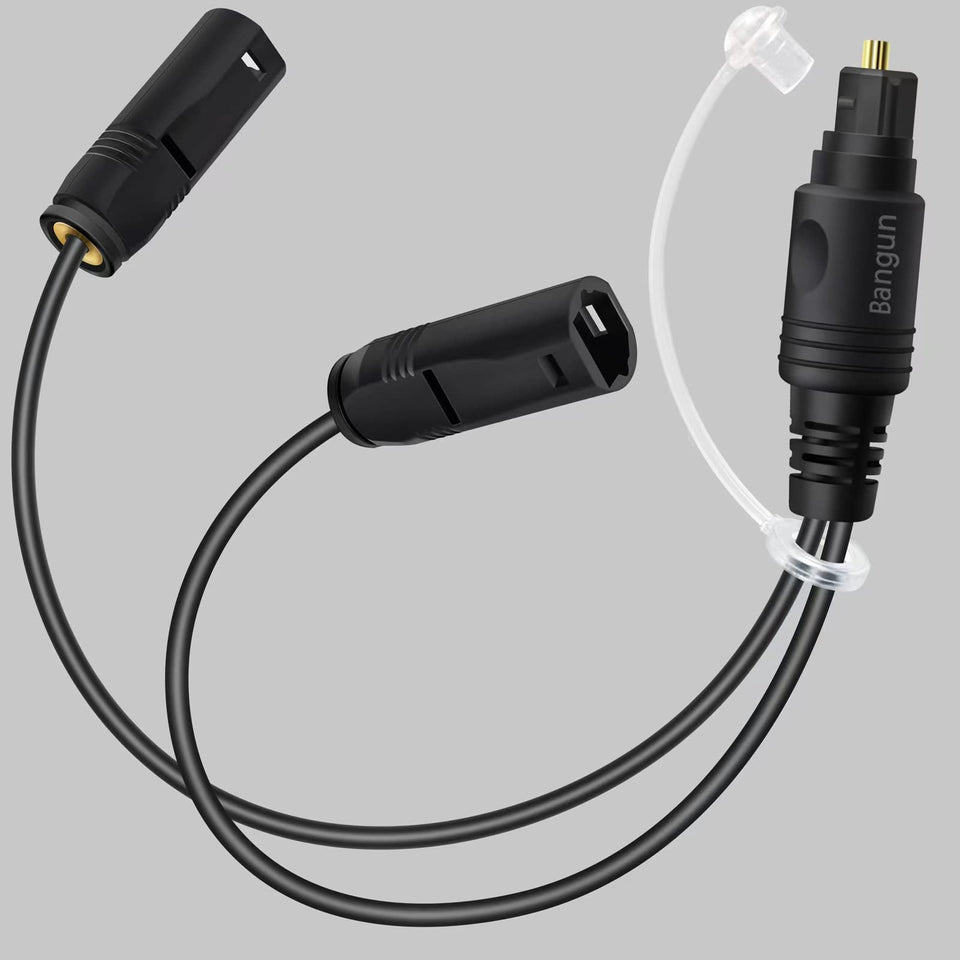 Bangun 1x2 digital audio splitter front view enables simultaneous TV audio to soundbar and headset.