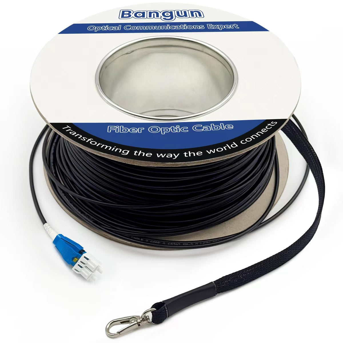Bangun 200ft Uniboot armored LC-LC patch cable for rugged outdoor use.