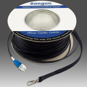 Bangun 500ft uniboot LC-to-LC outdoor patch cable with pulling eye for easy conduit pulls.