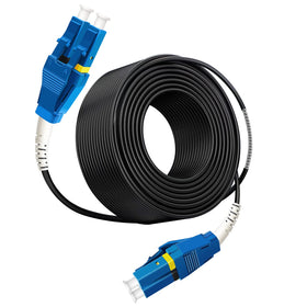 Bangun front view of LC-LC armored uniboot cable showing connectors and jacket benefits