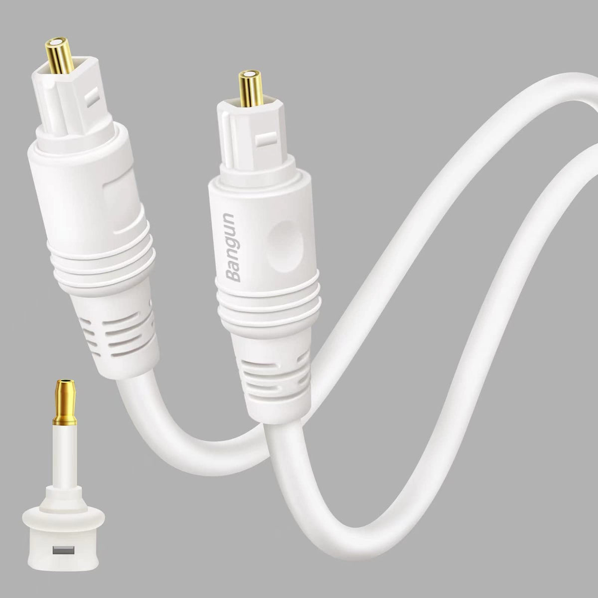 Bangun Slim White Optical Audio Cable close-up with gold-plated connectors for pristine signal transfer.