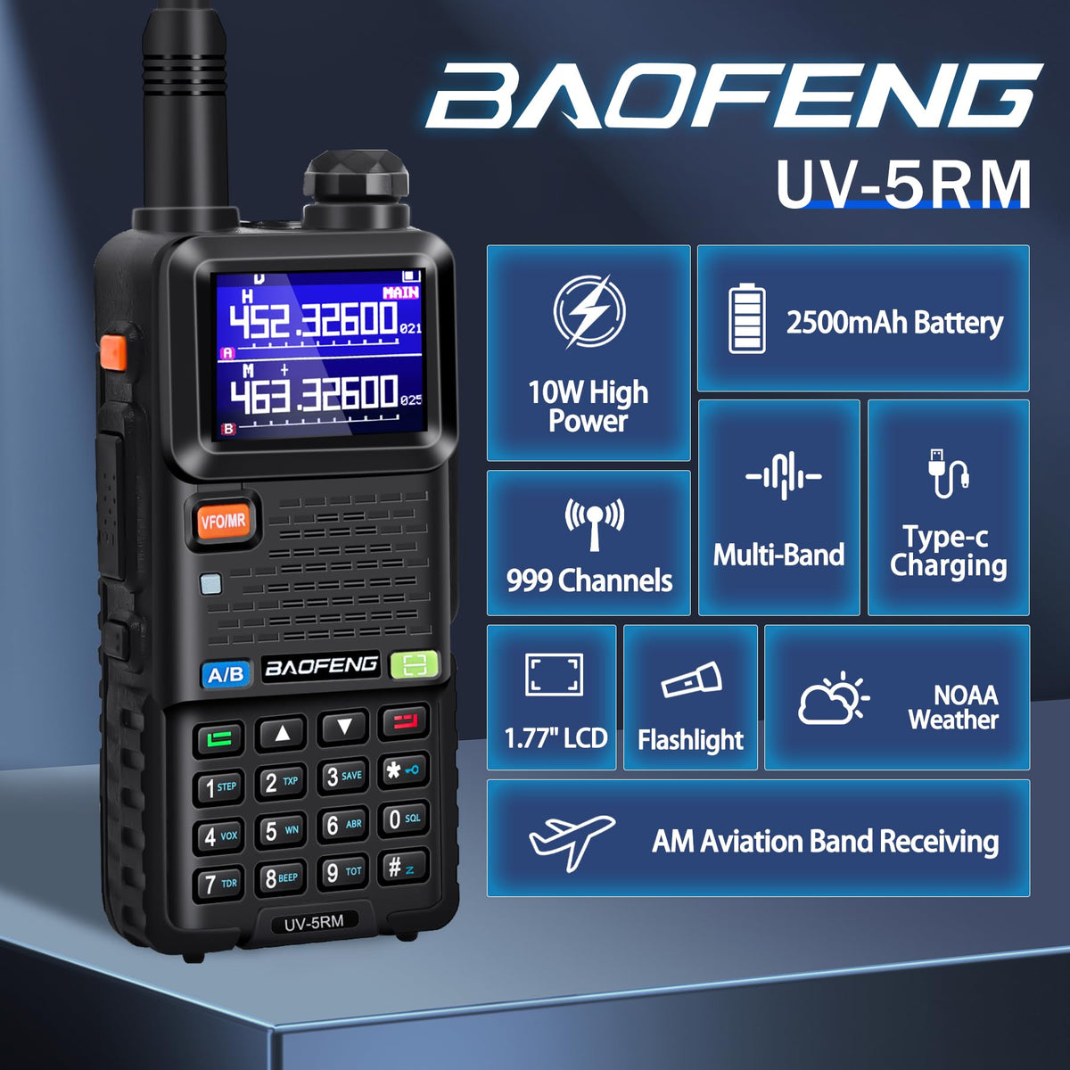 BAOFENG UV-5RM side view highlights rugged grip for outdoor communication.