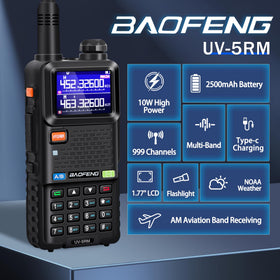 BAOFENG UV-5RM side view highlights rugged grip for outdoor communication.