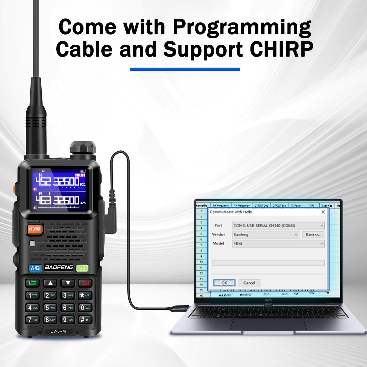 BAOFENG UV-5RM tactical antenna extended for improved range and reception.