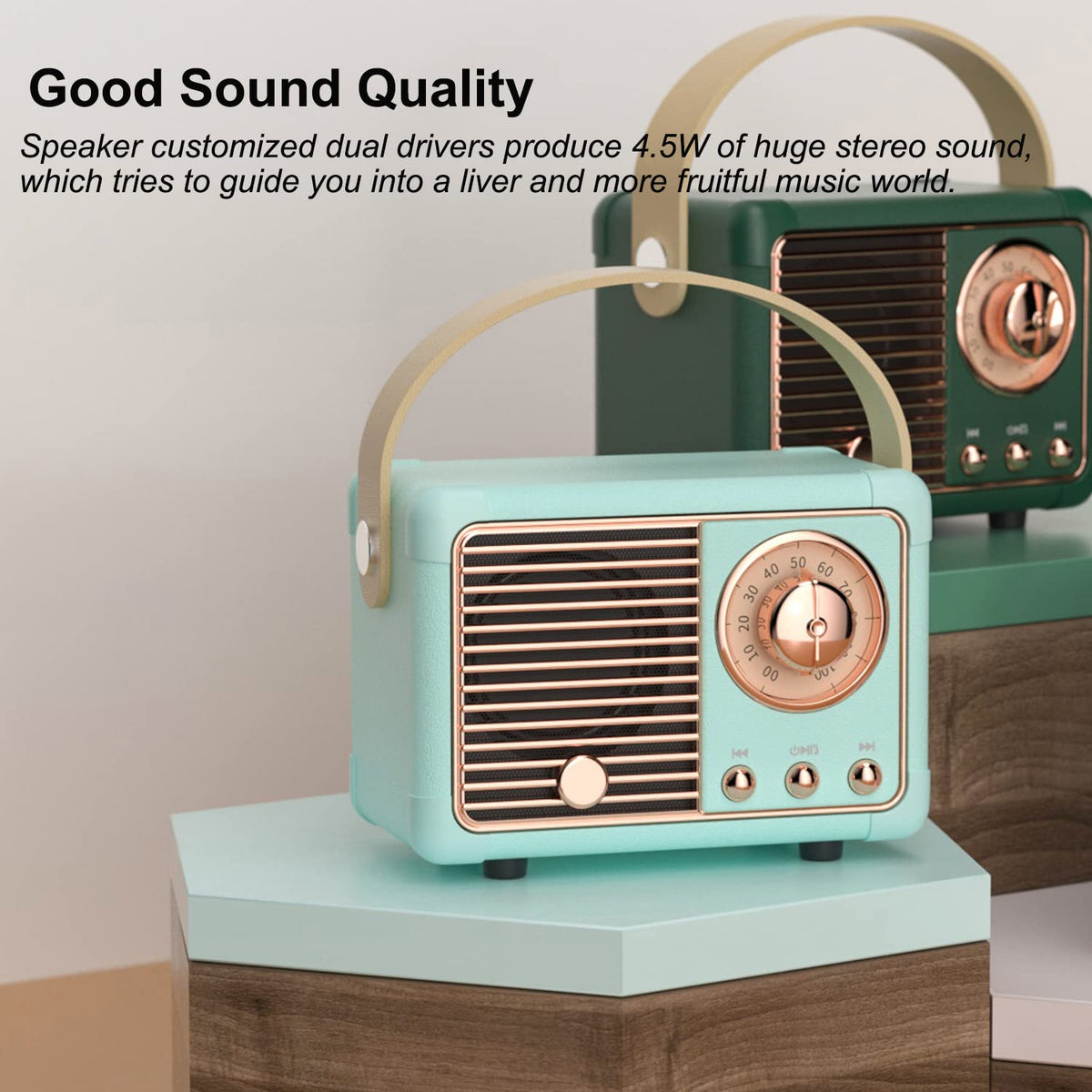 Baolira Retro Bluetooth Speaker with detailed drivers, delivers rich stereo sound.