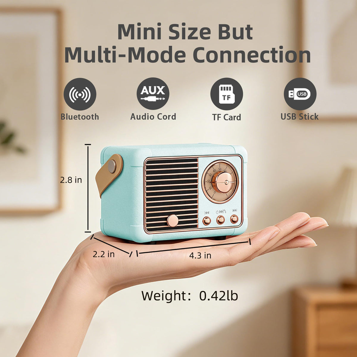 Baolira Retro Bluetooth Speaker side design, compact form for travel and easy placement.