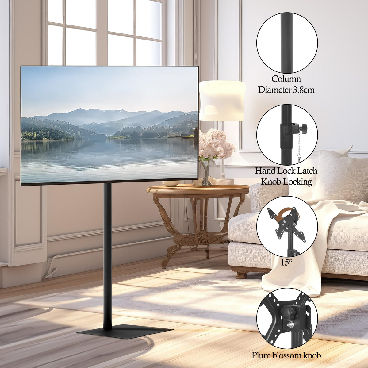 Baoz Floor TV Stand height adjustment up to 69.81 inches for flexible seating.