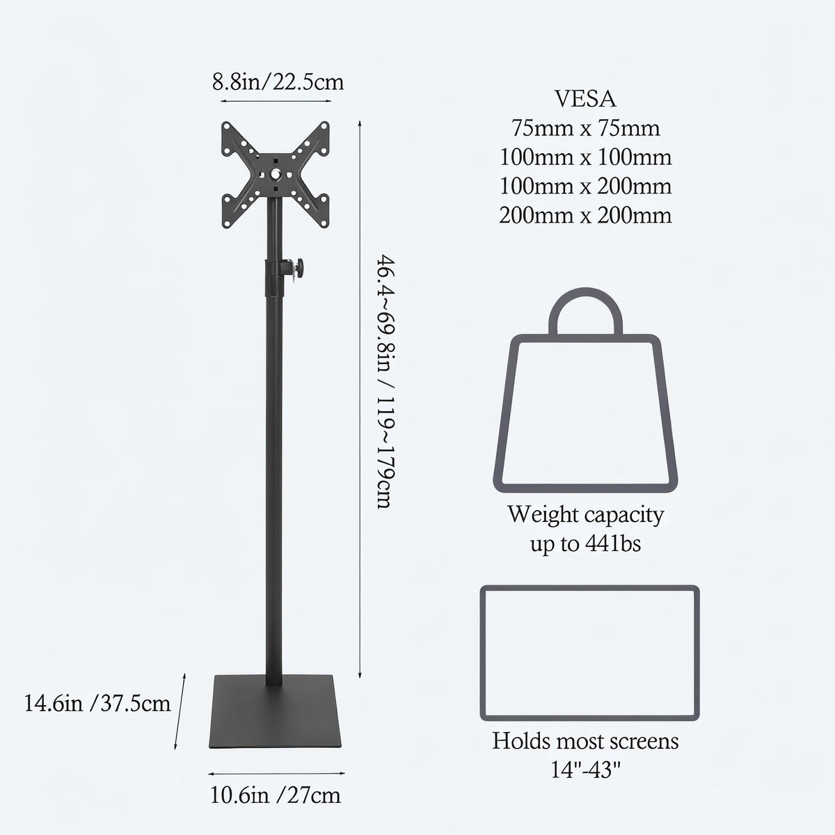 Baoz Floor TV Stand tilt adjustment demonstrates a 15° viewing angle to reduce glare.