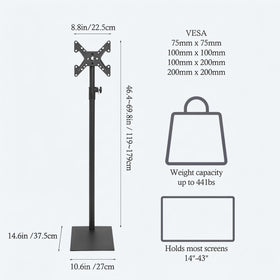 Baoz Floor TV Stand tilt adjustment demonstrates a 15° viewing angle to reduce glare.