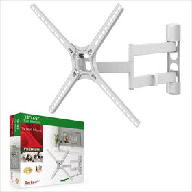 Barkan white TV wall mount holding a 55-inch screen in a living room, space-saving full-motion setup