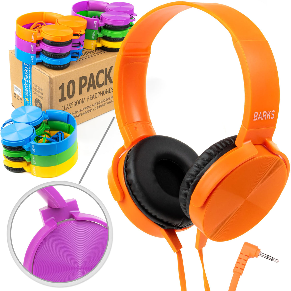 Barks front packaging showing 10-pack colorful headsets and school-ready durability