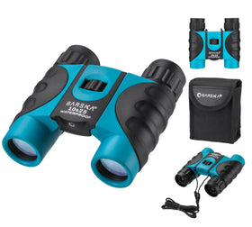 Barska 10x25 front view showing clear optics and compact profile for travel
