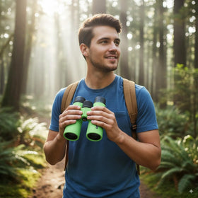 Hiking scene showing Barska Crush binoculars in use