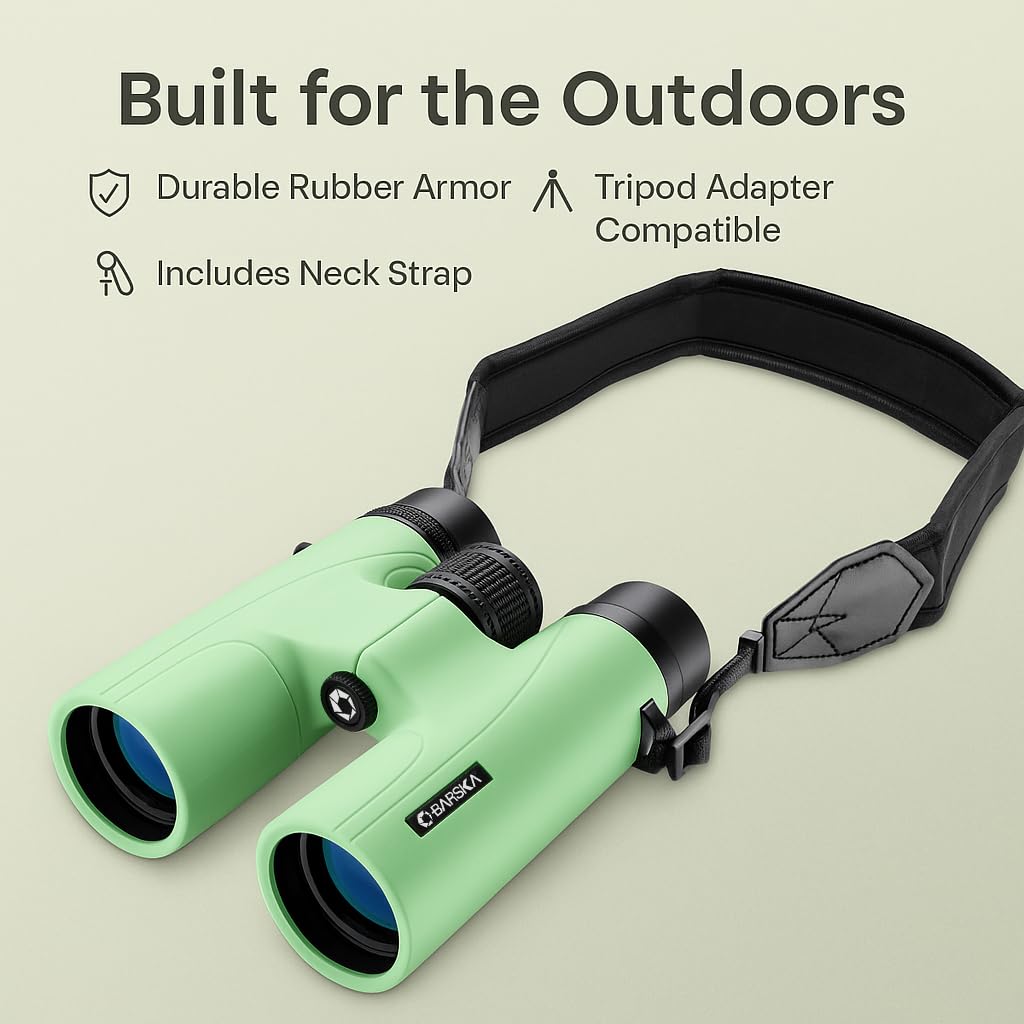 Neck strap attached to Barska Crush binoculars for comfortable carry