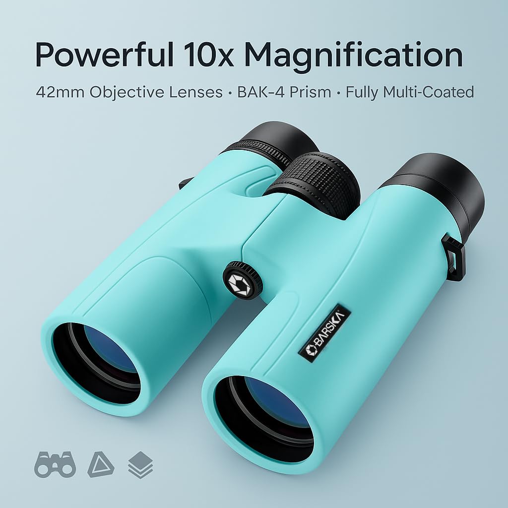 Barska Crush Binoculars Breeze Blue with accessories shows ready-to-go setup