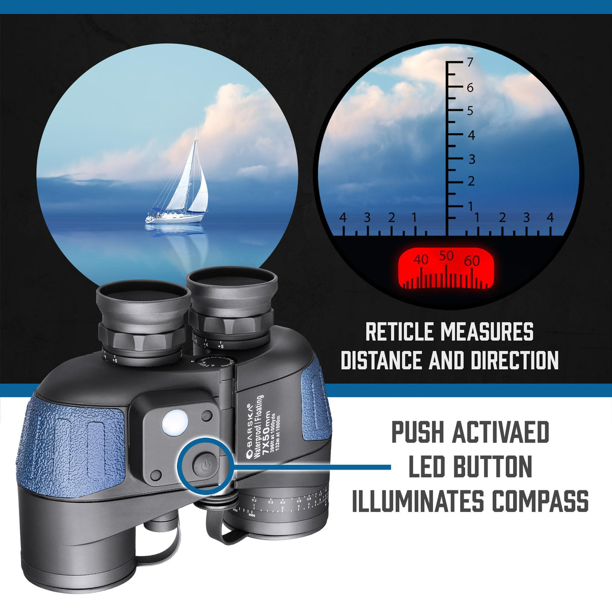 BARSKA Deep Sea binoculars show built-in rangefinder and compass for navigation.