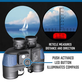 BARSKA Deep Sea binoculars show built-in rangefinder and compass for navigation.
