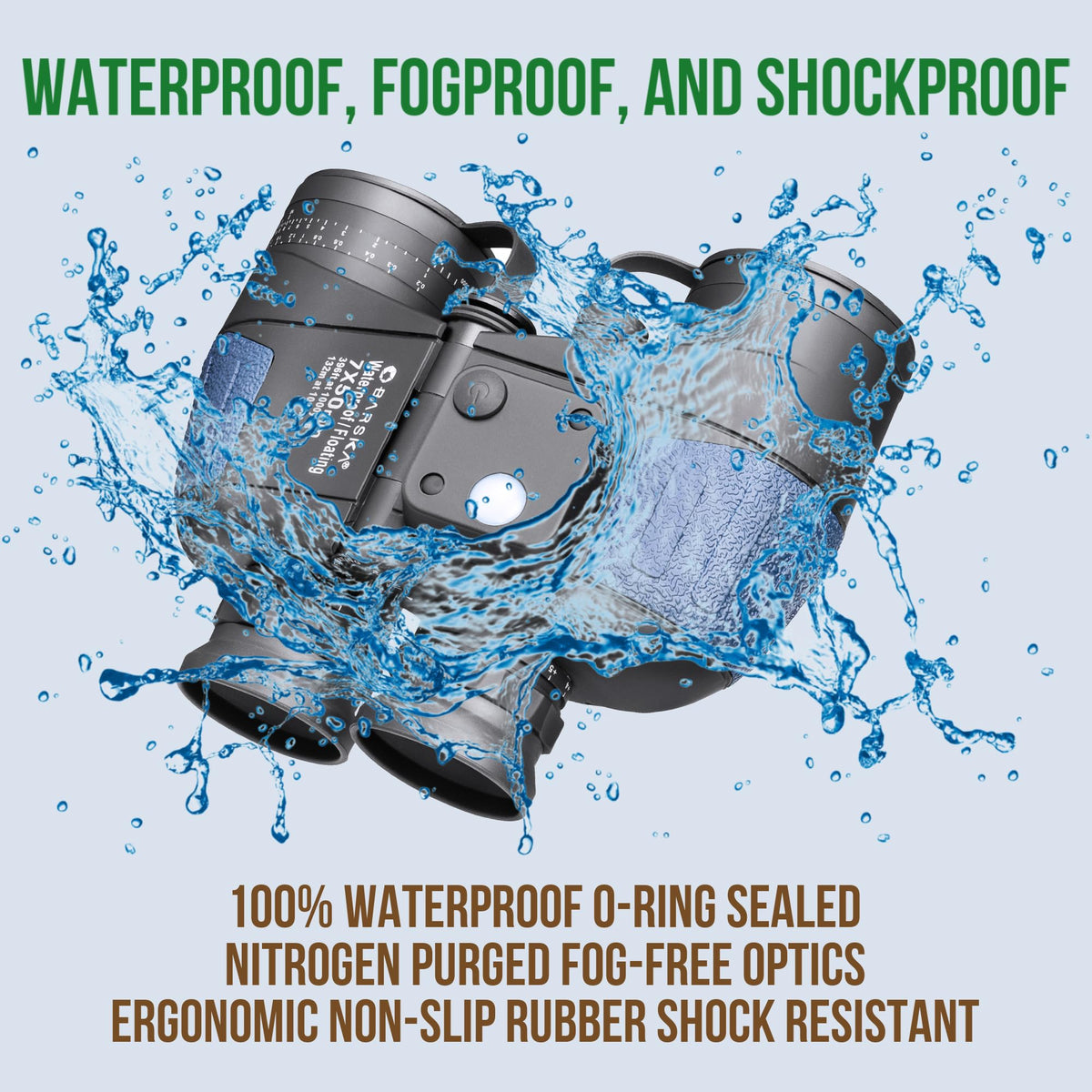 BARSKA Deep Sea binoculars feature waterproof seal for all-weather use.