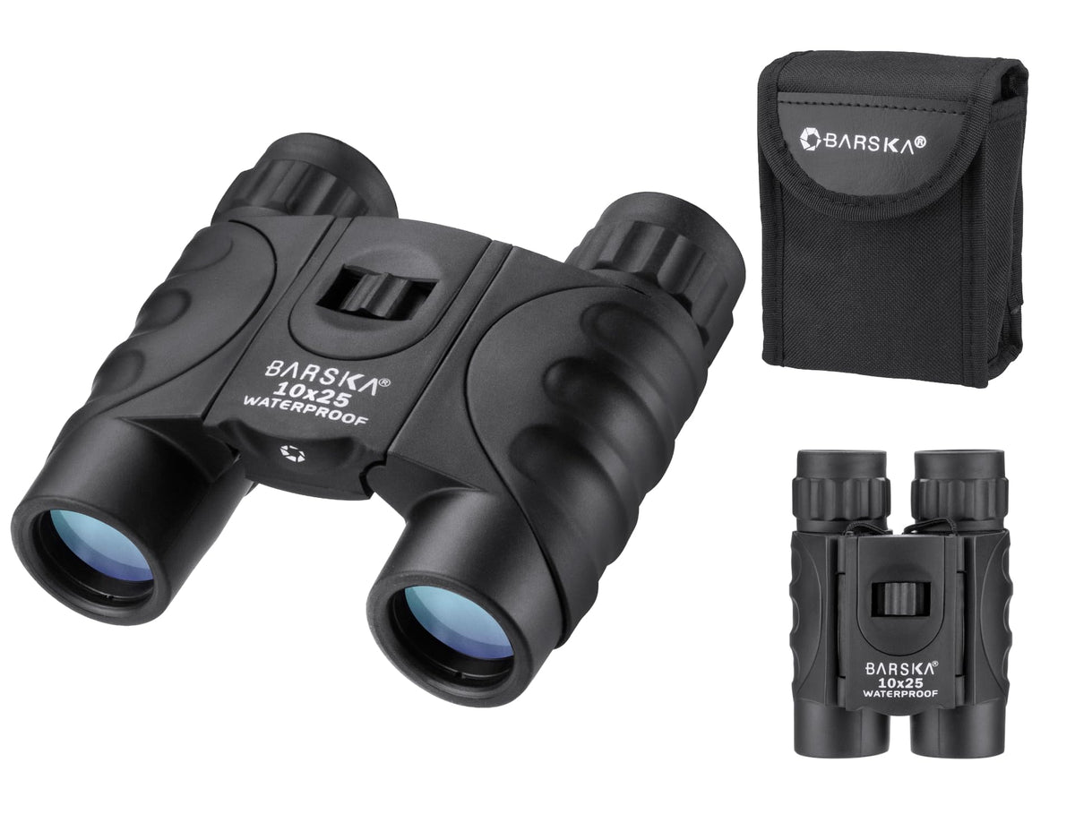 Barska front view of compact binoculars showing clear optics and portable benefit