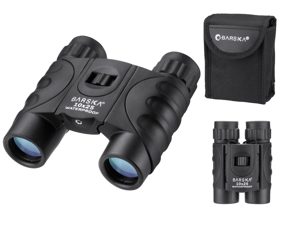 Barska front view of compact binoculars showing clear optics and portable benefit