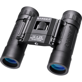 Barska Lucid View binoculars folded in hand, ultra-portable for travel and quick field views.