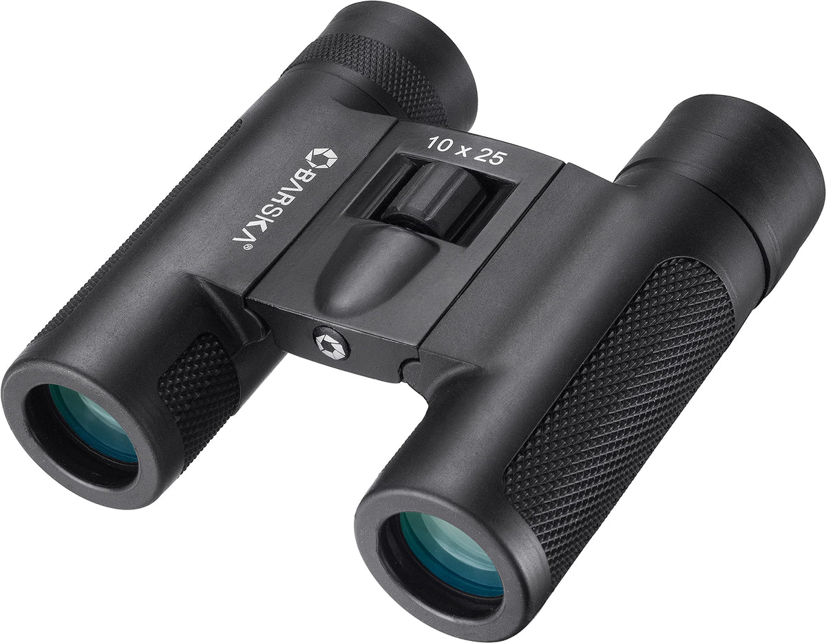 Barska Lucid View front packaging showing compact binoculars and labels, ideal for travel